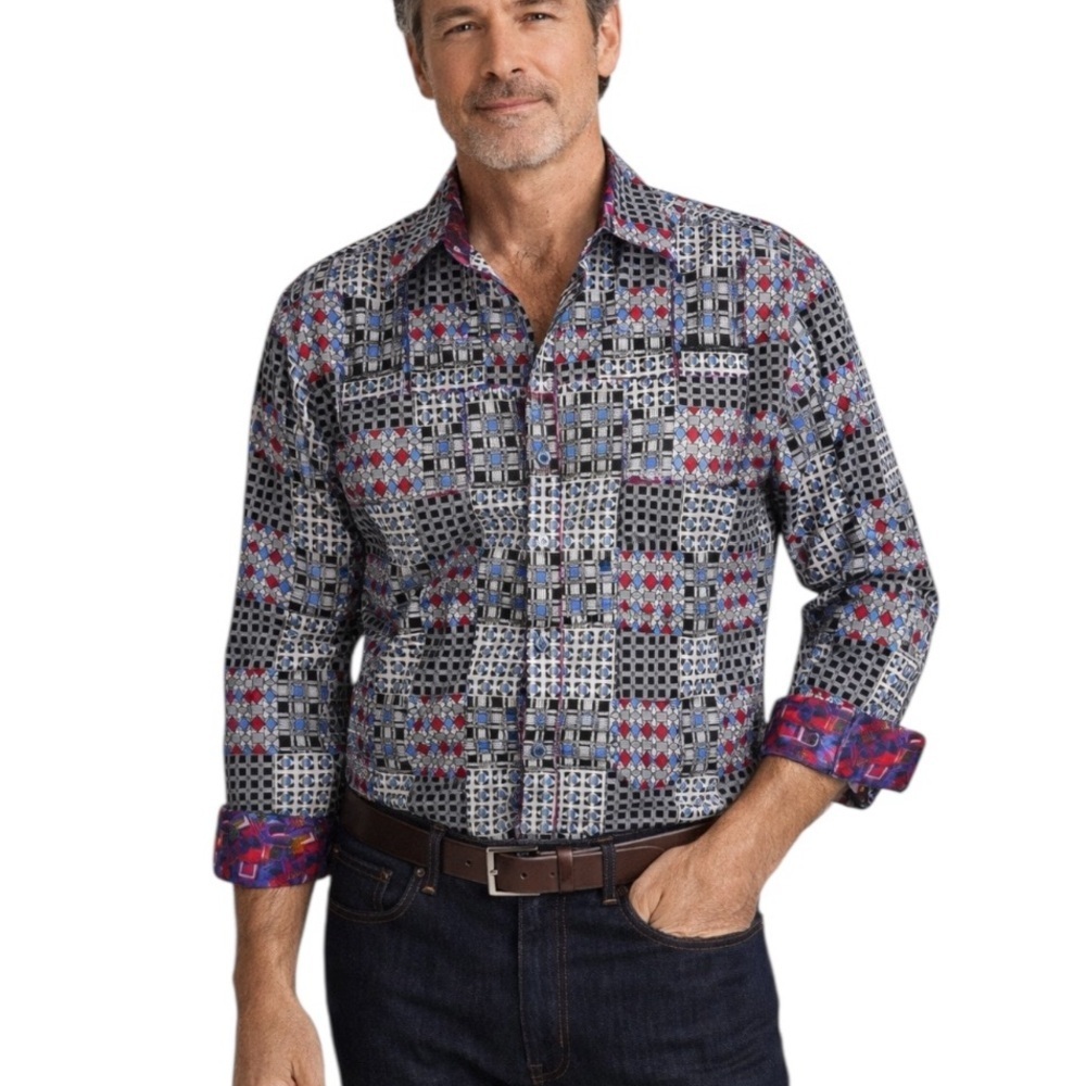 Robert Graham Hudgins Patchwork Cotton Shirt with colorful Cuffs Size M